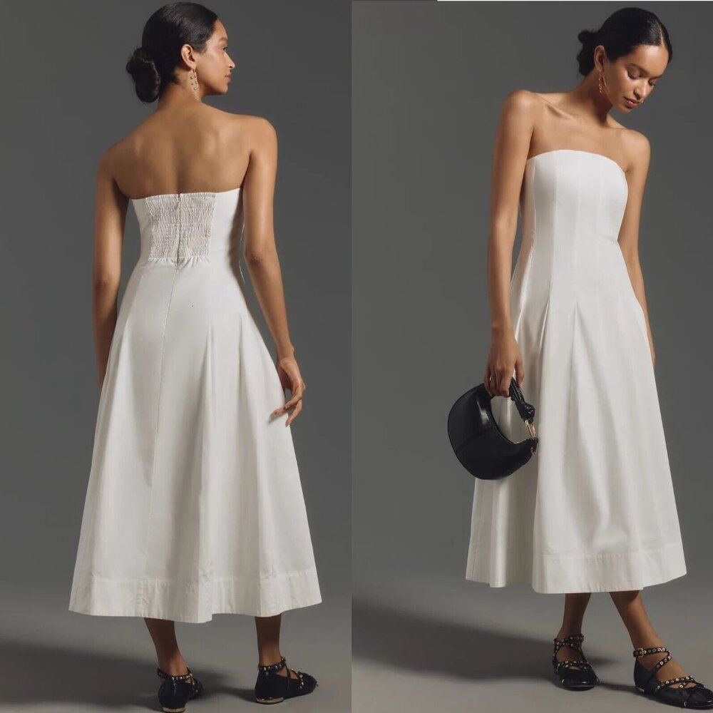 Anthropologie Mare Mare Strapless Seamed A-Line Midi Dress LP white new with tag